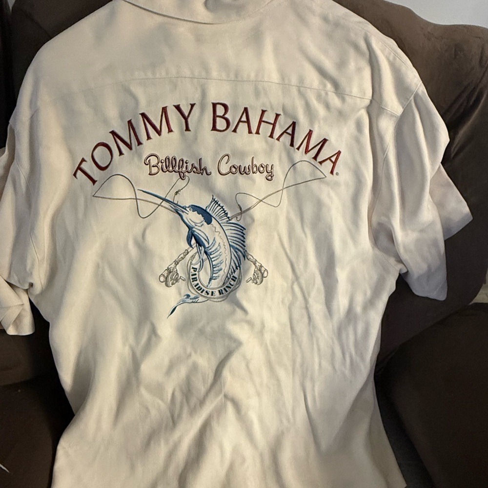 Tommy Bahama Beige XL SS Casual Shirt Embroidered Billfish Cowboy Silk